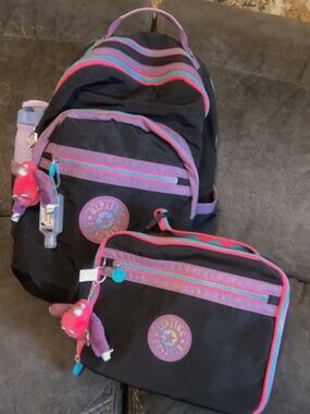 Black Backpack and Lunch Bag Set with Pink & Teal Accents